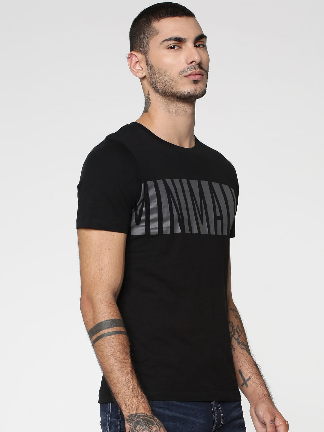 Black Text Print Crew Neck T-Shirt