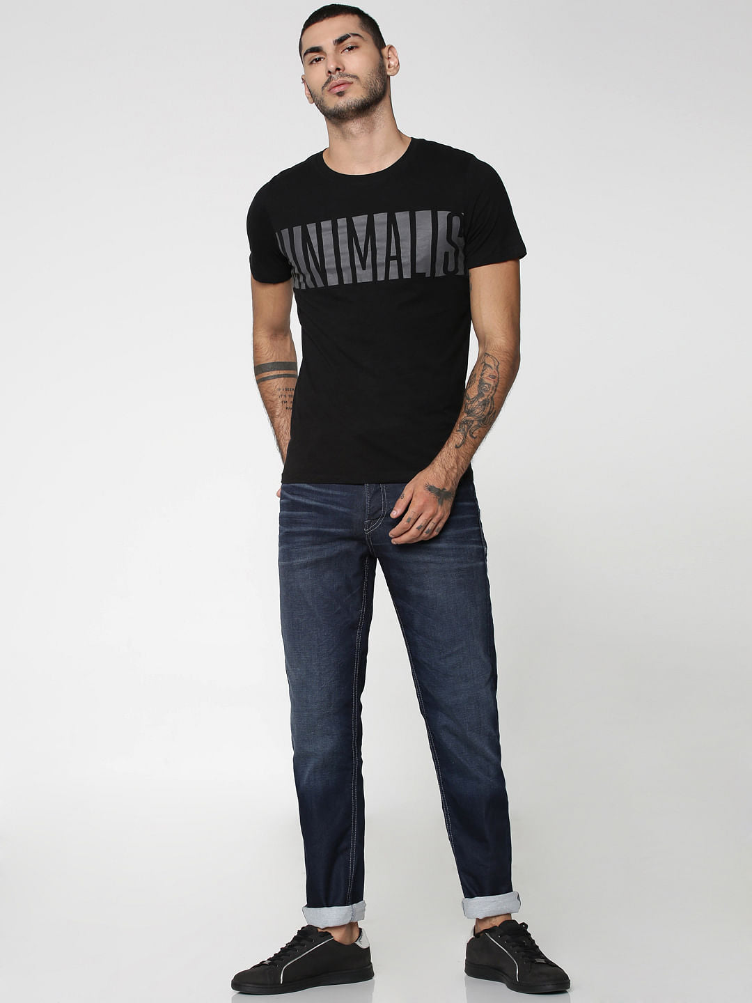 Black Text Print Crew Neck T-Shirt