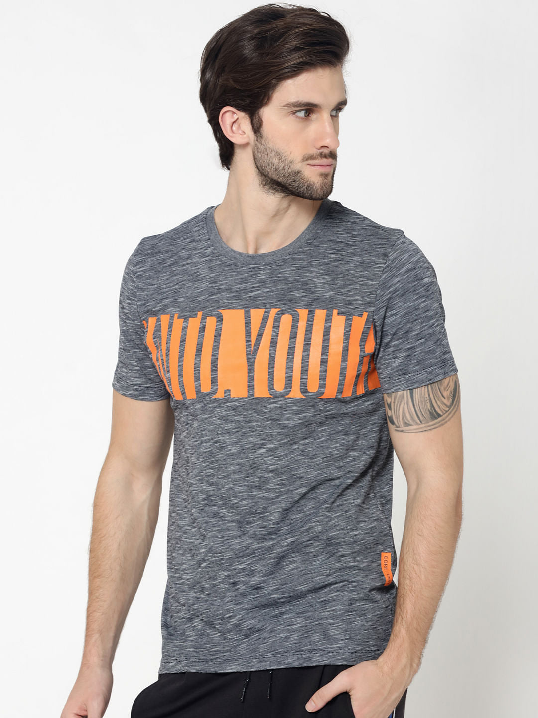 Grey Colourblocked Typography Print Crew Neck T-Shirt