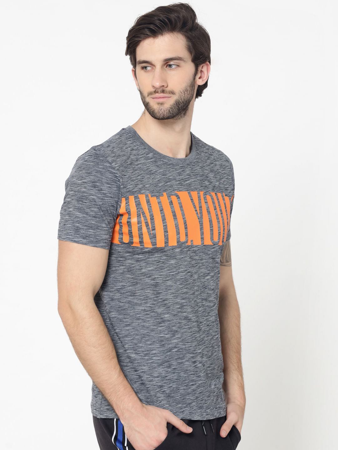 Grey Colourblocked Typography Print Crew Neck T-Shirt