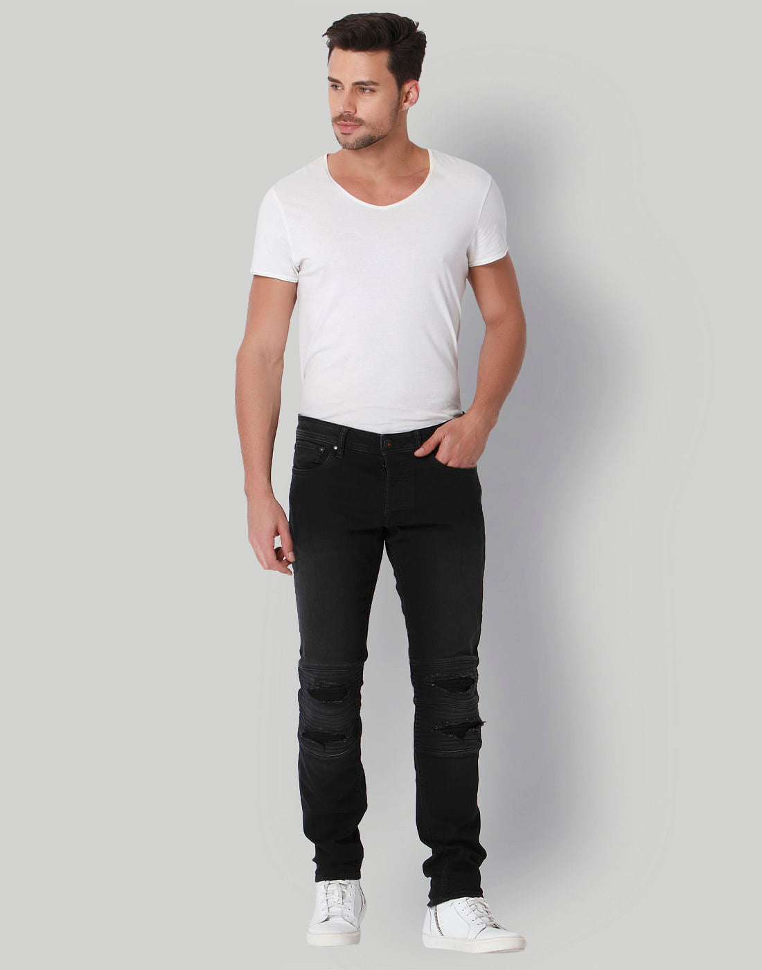 Black Distressed Low Rise Slim Fit Jeans