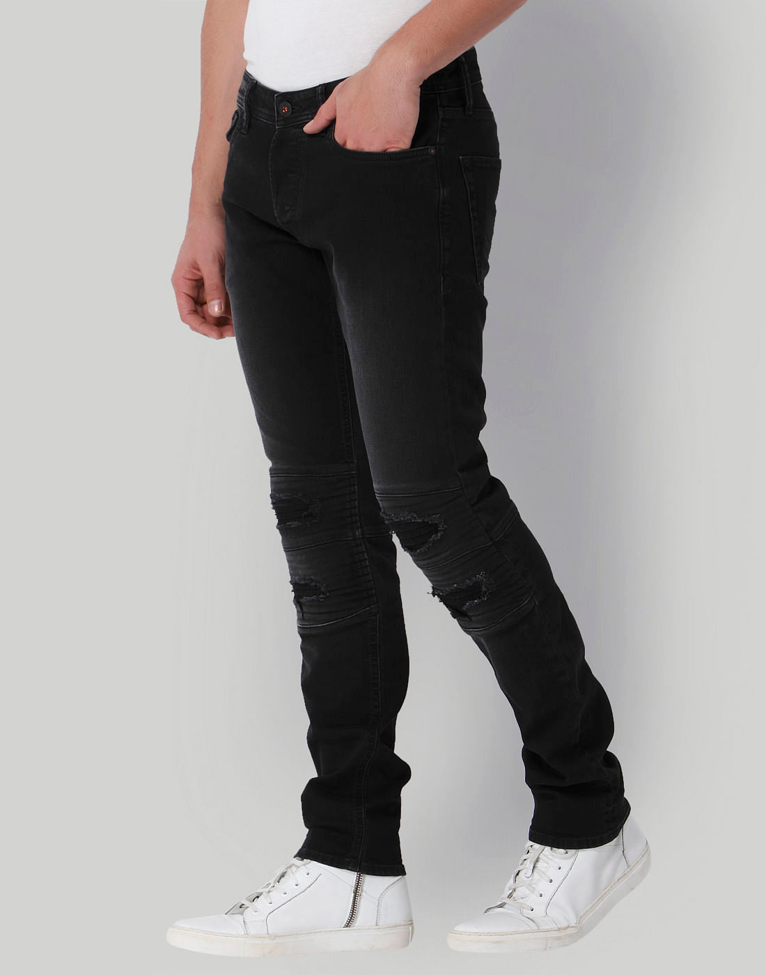 Black Distressed Low Rise Slim Fit Jeans