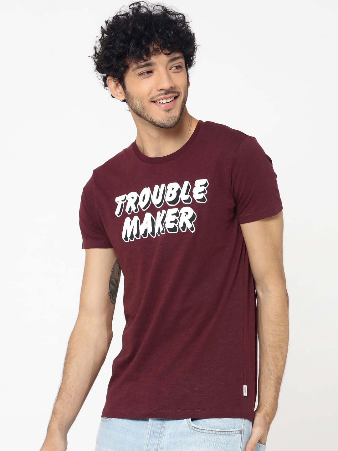 Maroon Text Print Crew Neck T-Shirt