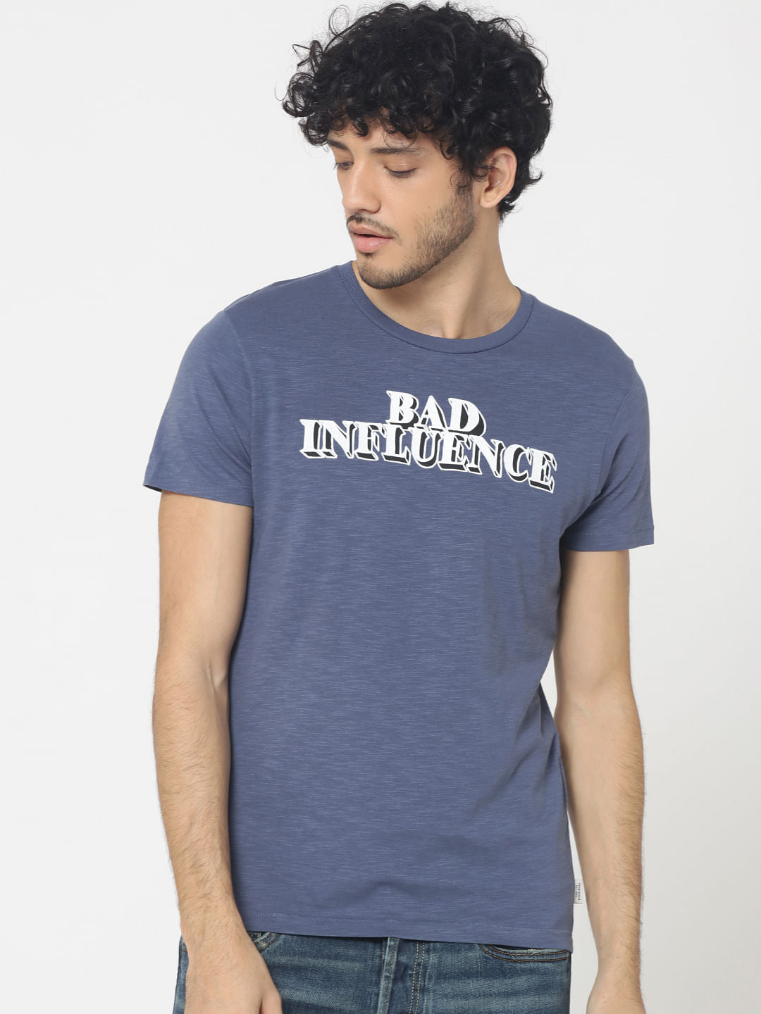 Blue Text Print Crew Neck T-Shirt