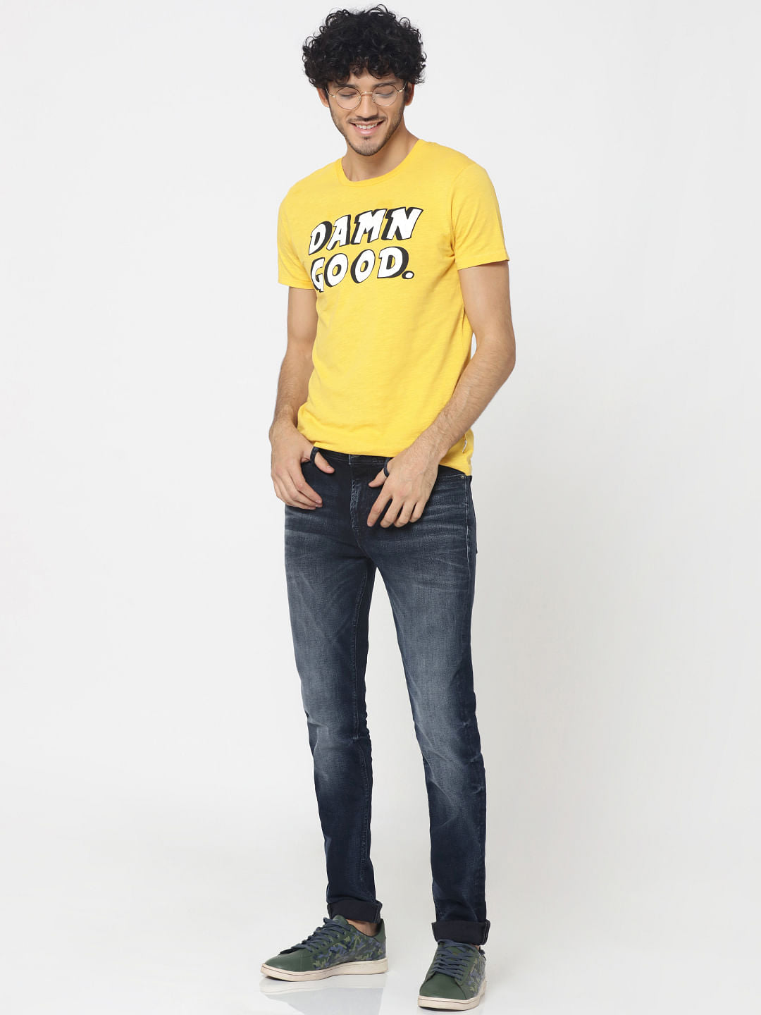 Yellow Text Print Crew Neck T-Shirt
