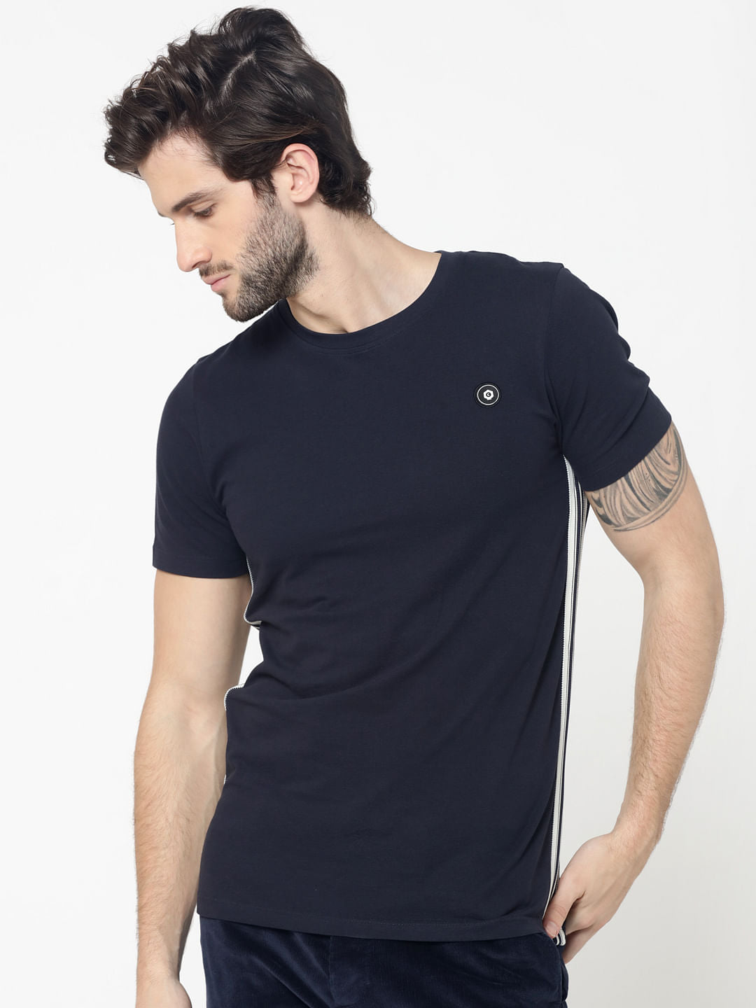 Dark Blue Tape Detail Crew Neck T-Shirt
