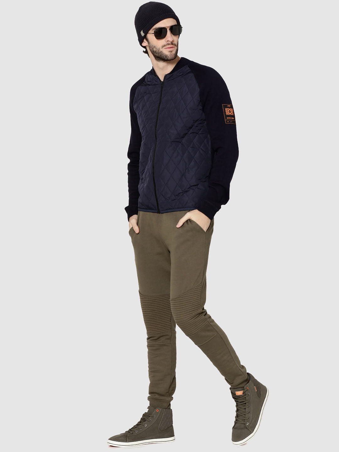 Dark Blue Quilted Bomber Cardigan