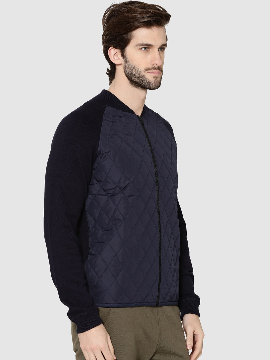 Dark Blue Quilted Bomber Cardigan