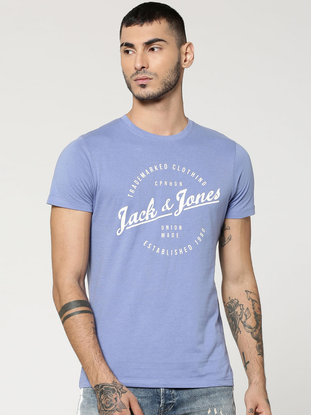 Blue Text Print Crew Neck T-Shirt