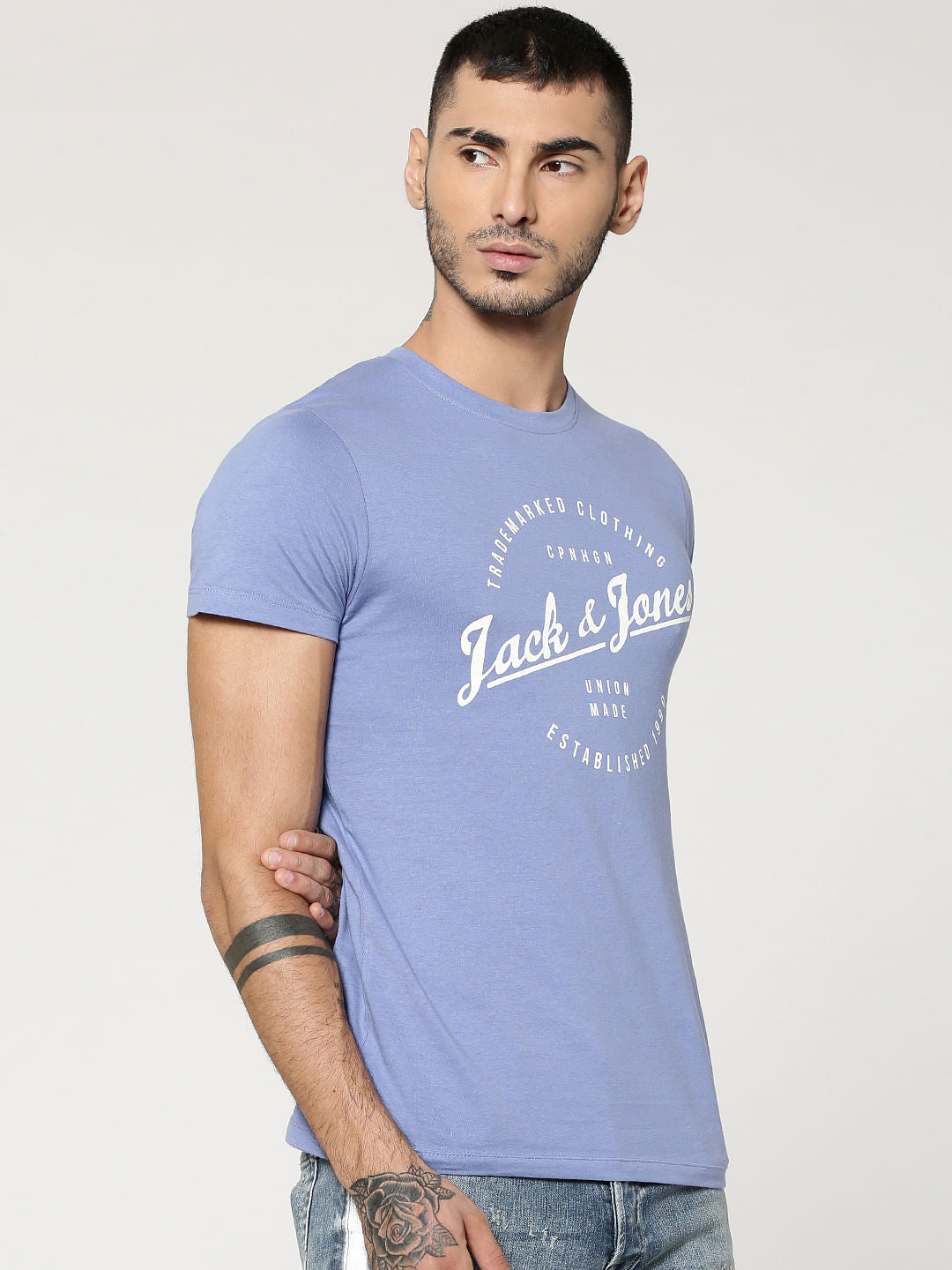 Blue Text Print Crew Neck T-Shirt