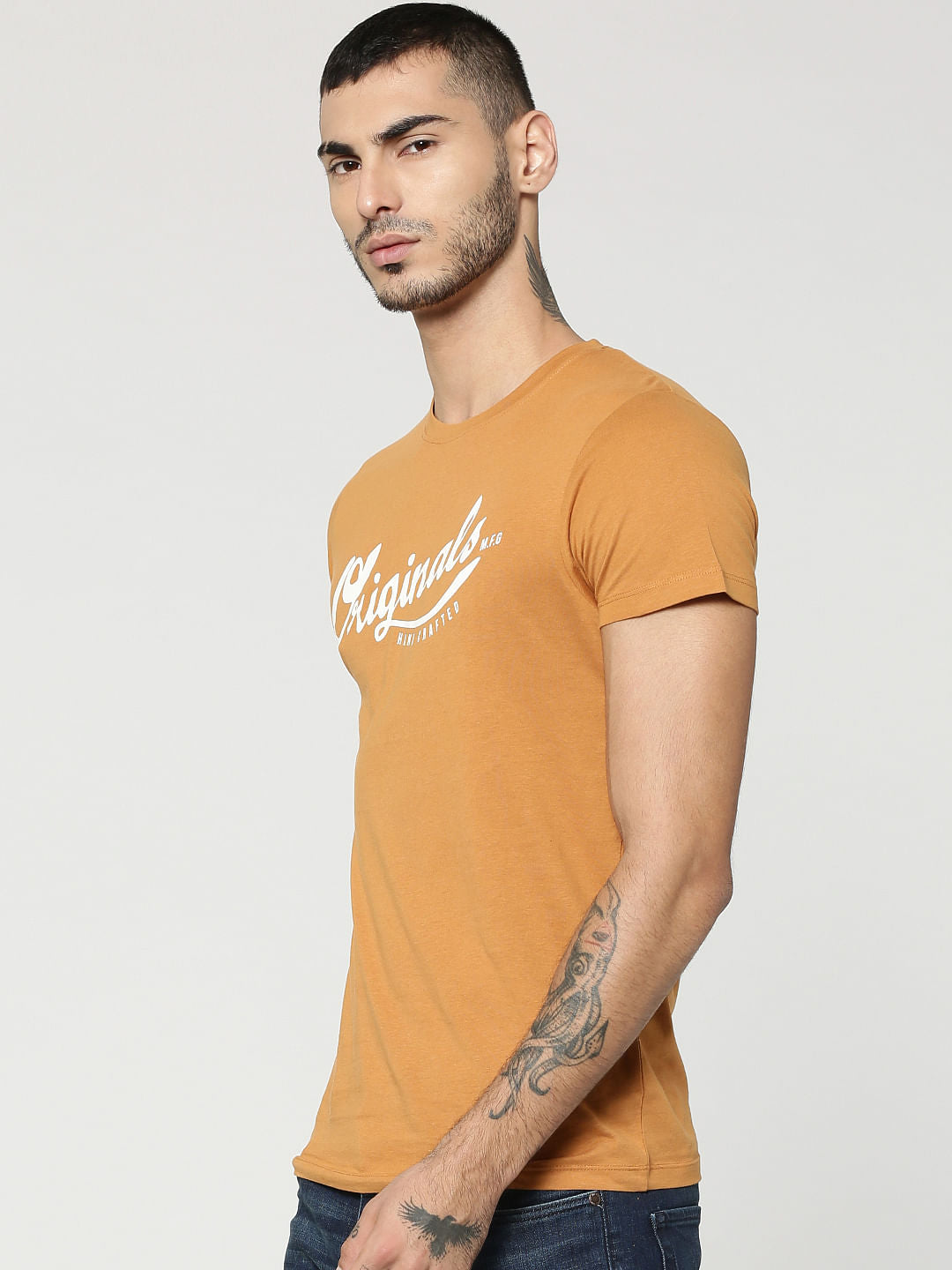 Brown Original Text Print Crew Neck T-Shirt