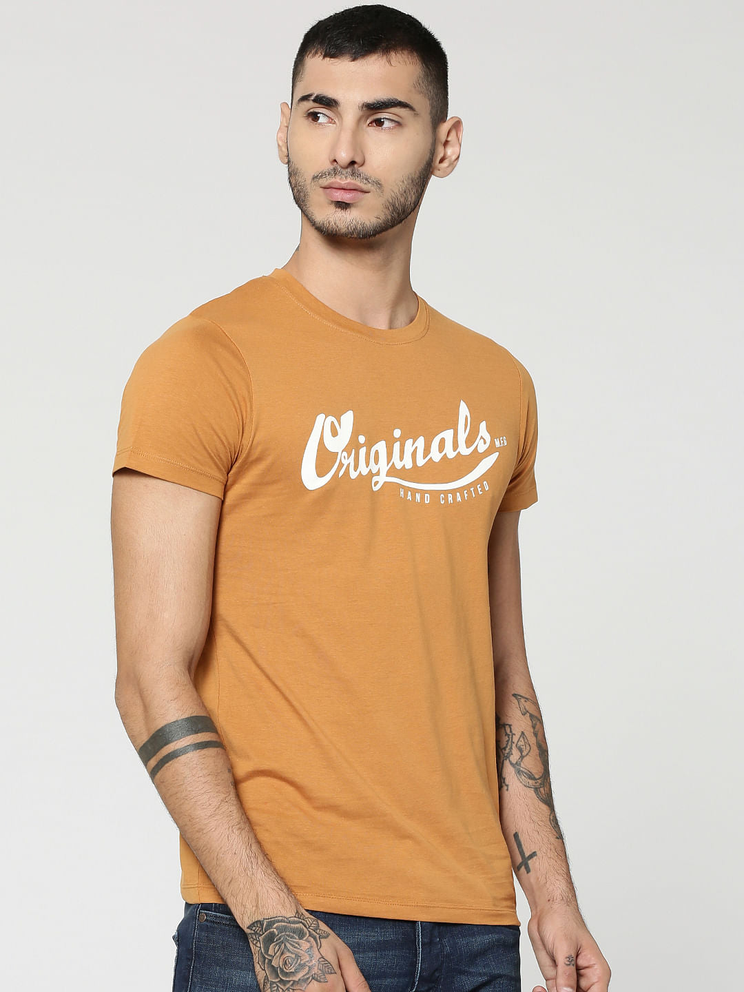 Brown Original Text Print Crew Neck T-Shirt