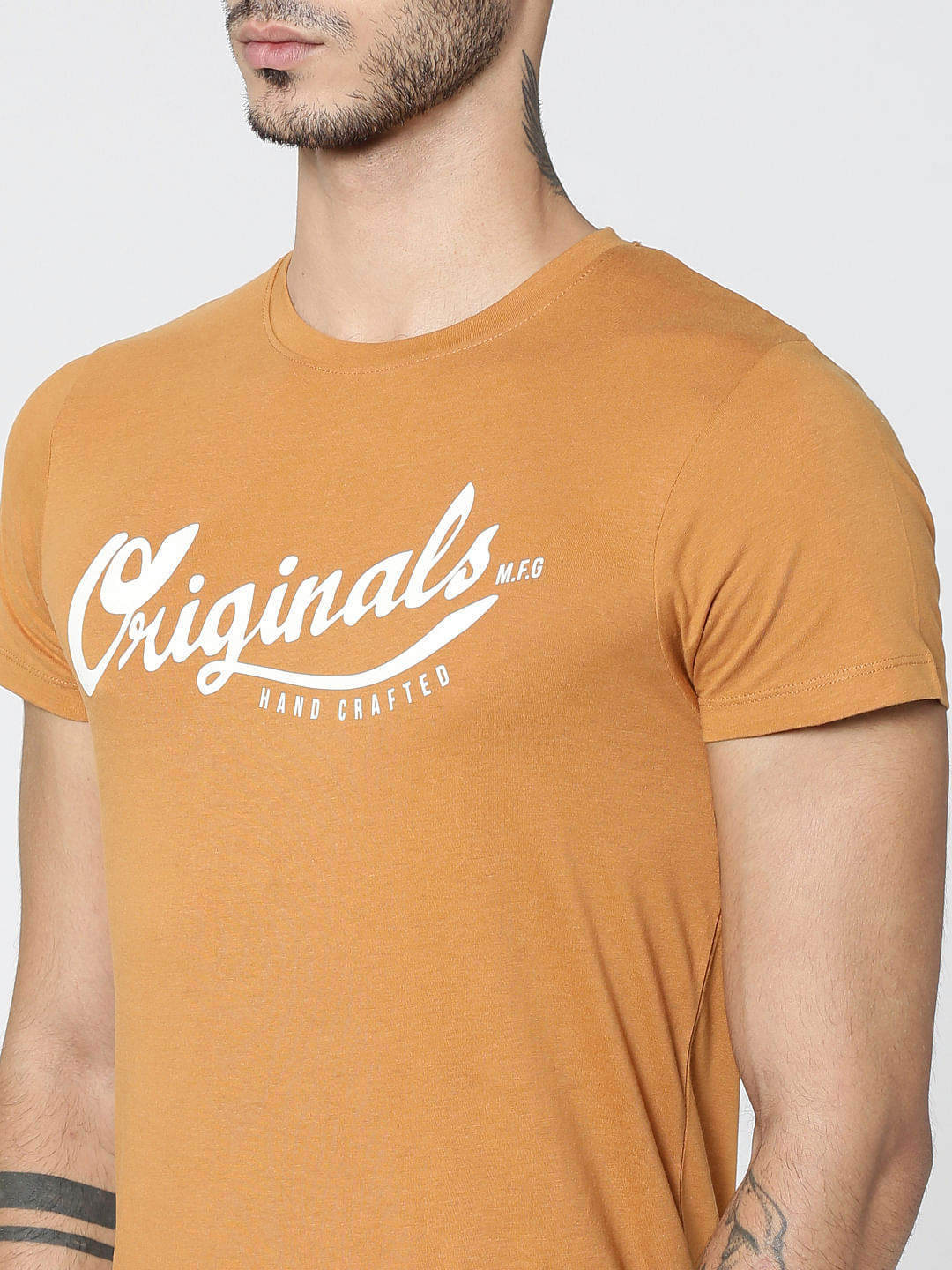Brown Original Text Print Crew Neck T-Shirt