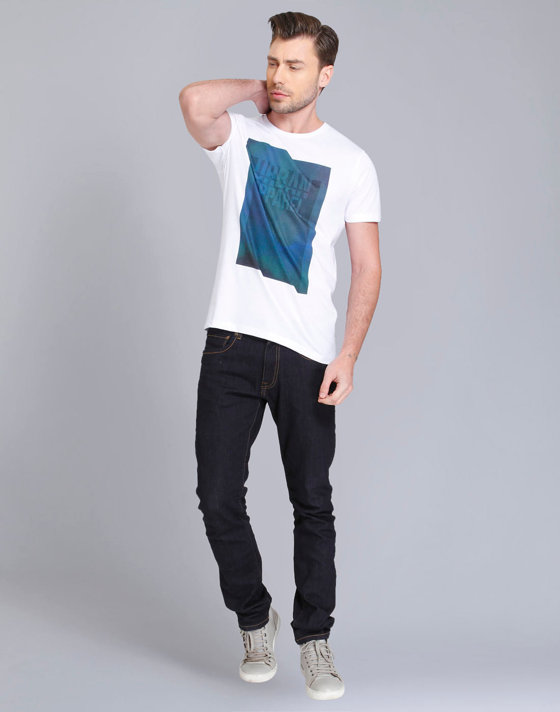 White & Blue Graphic Print Crew Neck T-Shirt