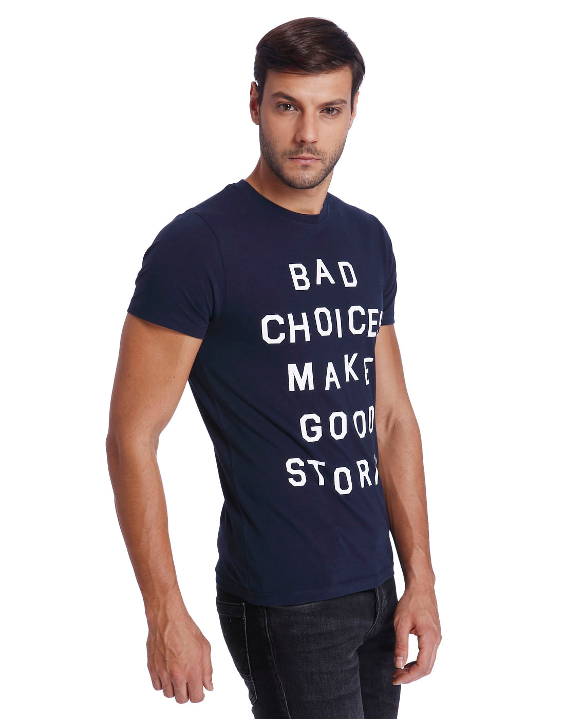 Blue Text Print Crew Neck T-Shirt