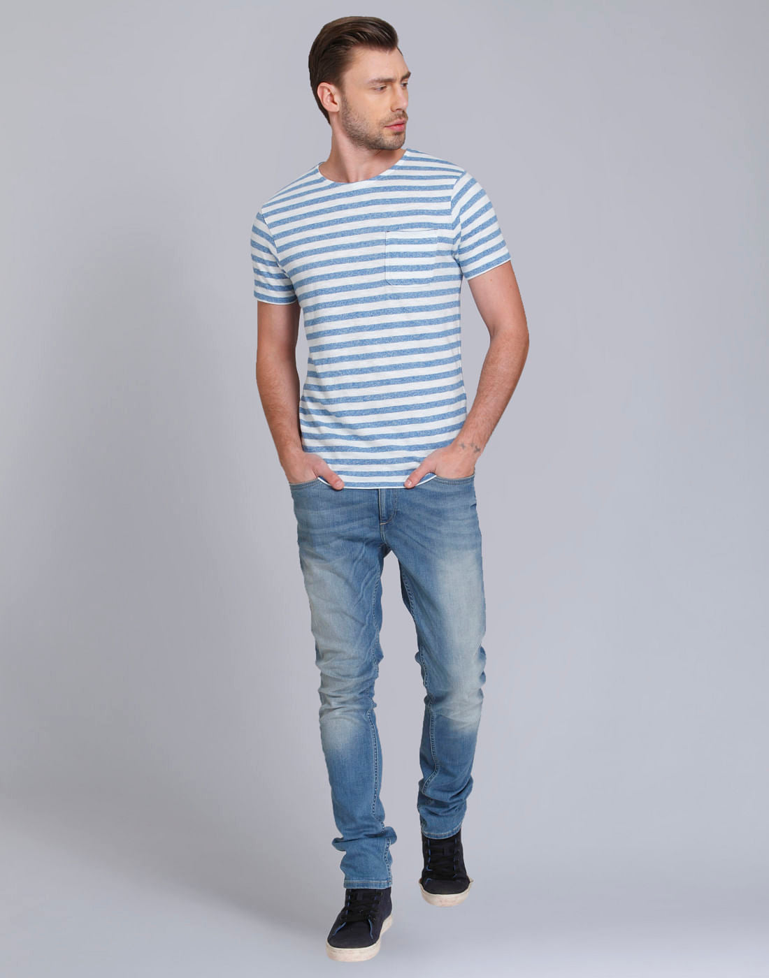 Blue And White Striped Crew Neck T-Shirt