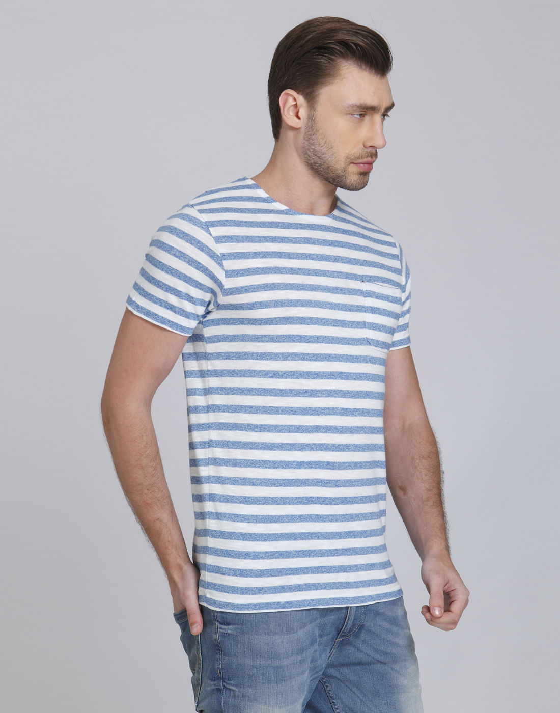 Blue And White Striped Crew Neck T-Shirt
