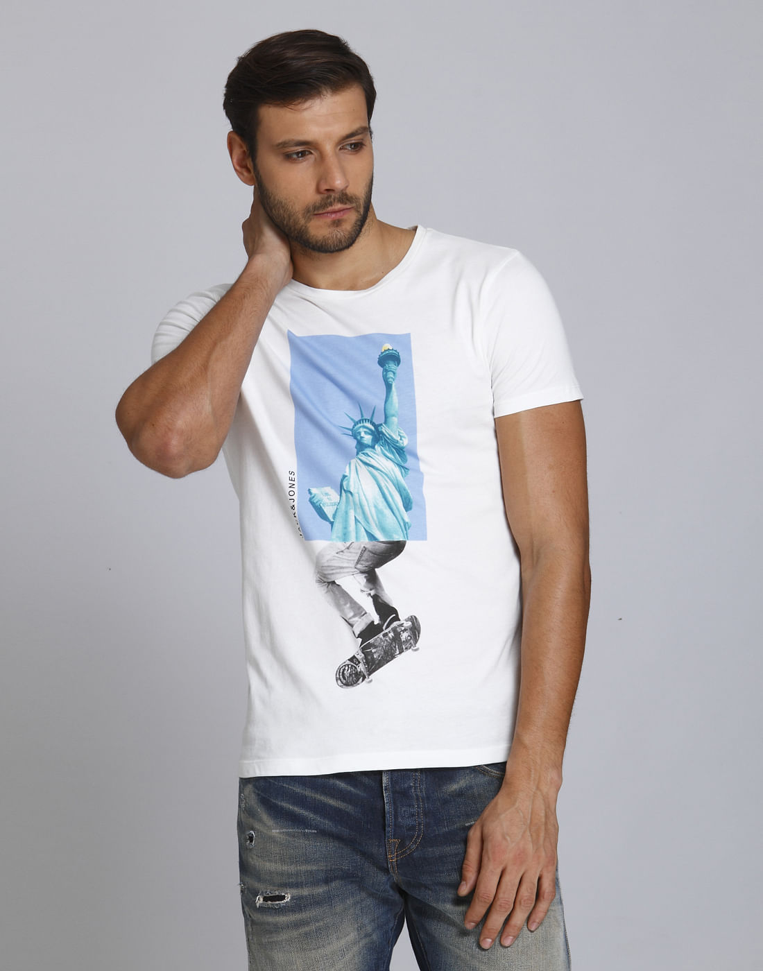 White Statue Of Liberty Print Crew Neck T-Shirt