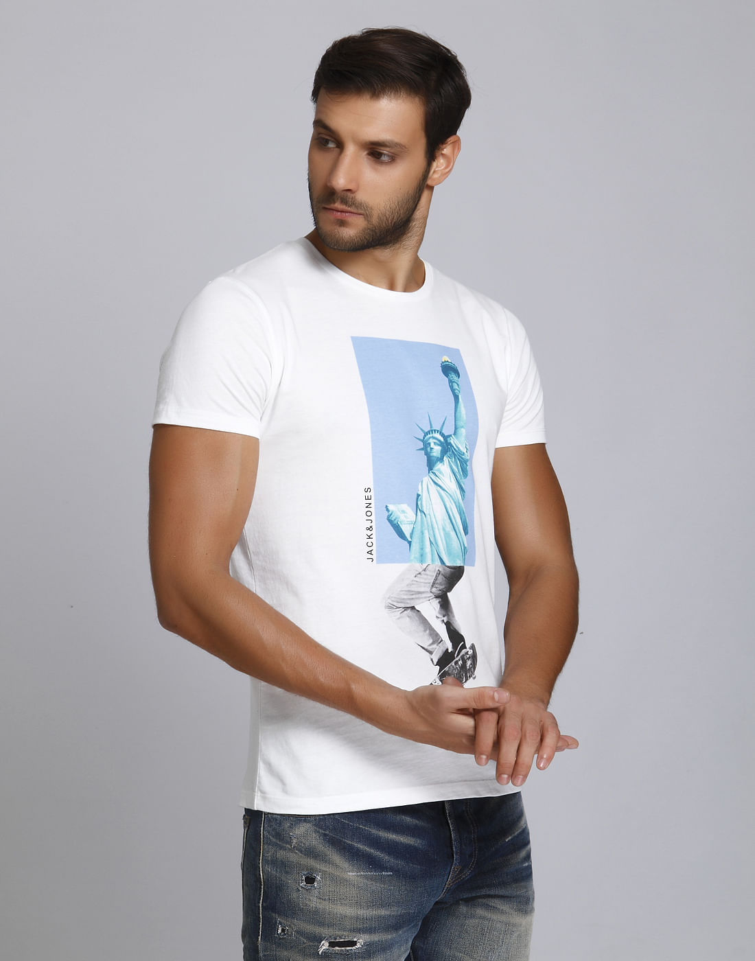 White Statue Of Liberty Print Crew Neck T-Shirt