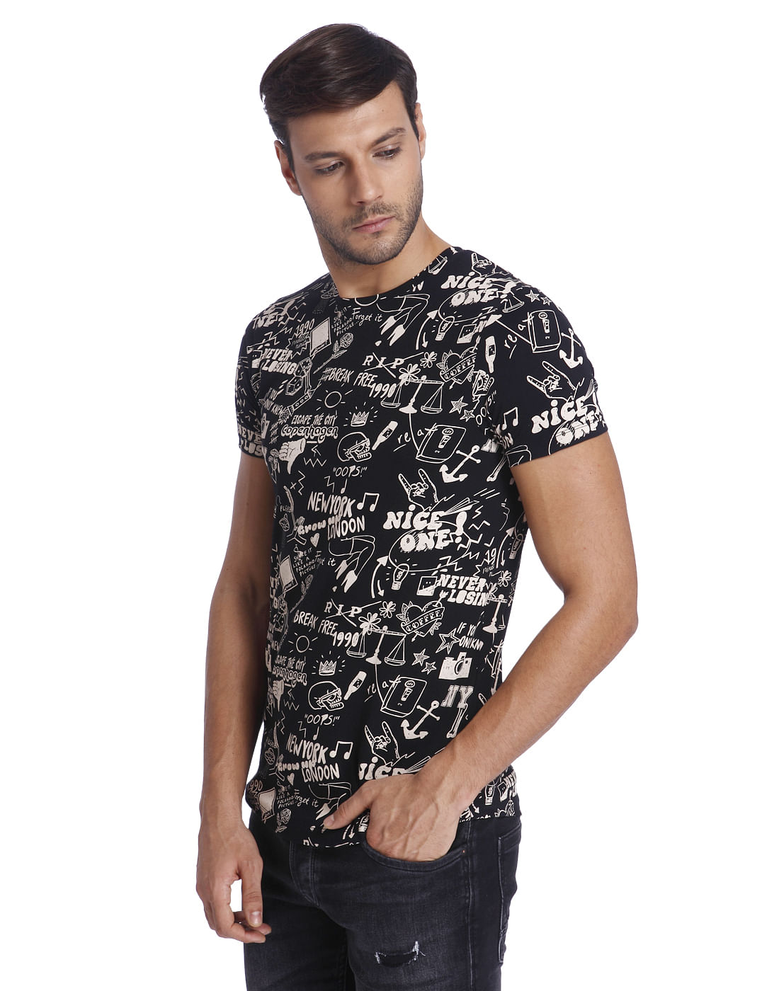 Black Scribble Print Crew Neck T-Shirt