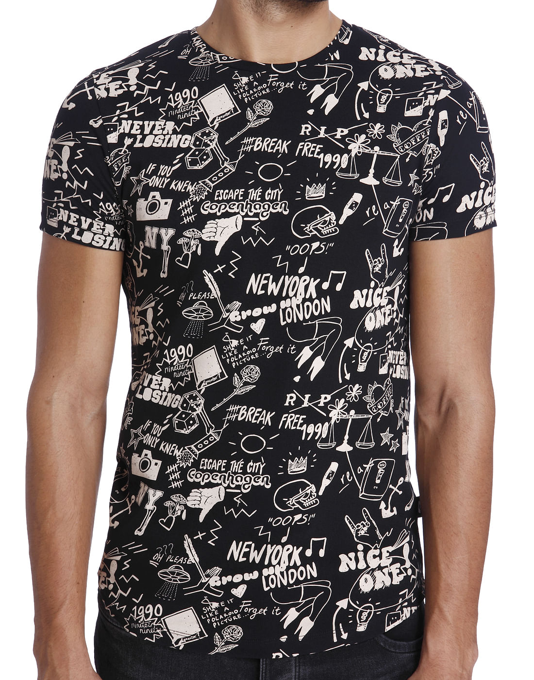 Black Scribble Print Crew Neck T-Shirt