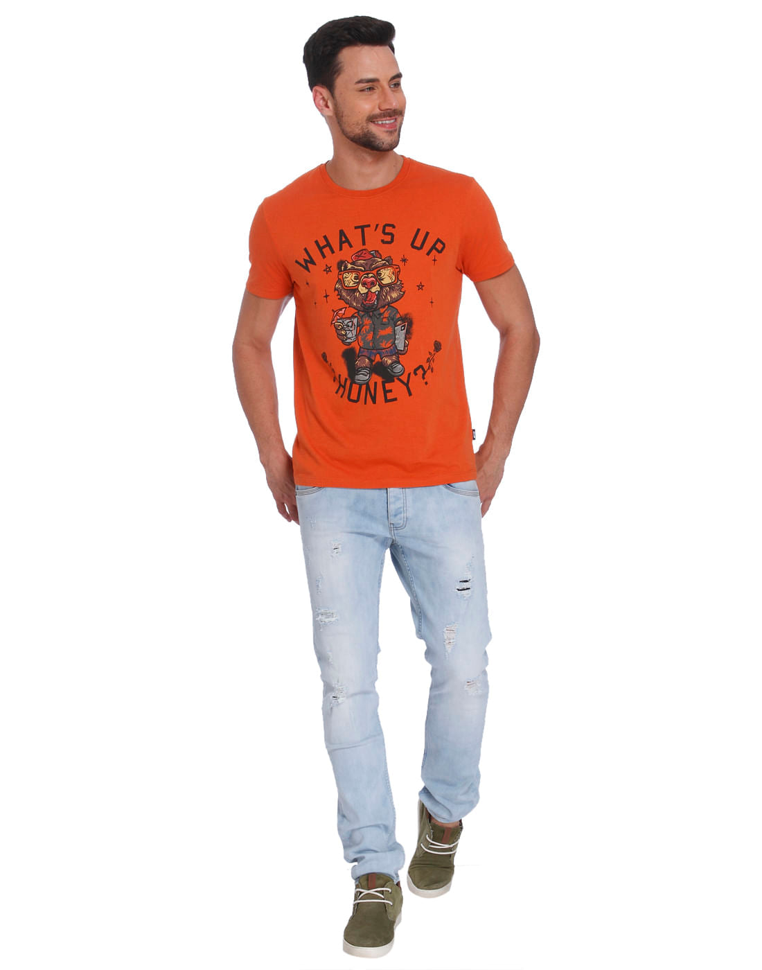 Orange Bear Print Crew Neck T-Shirt
