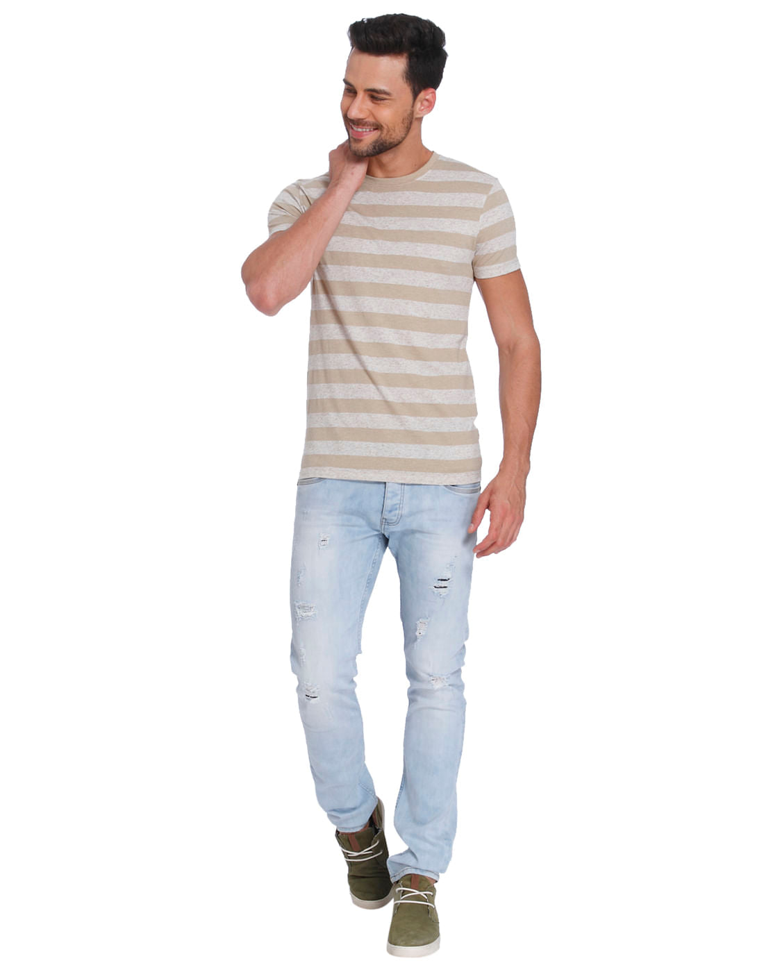 Beige And Grey Striped Crew Neck T-Shirt