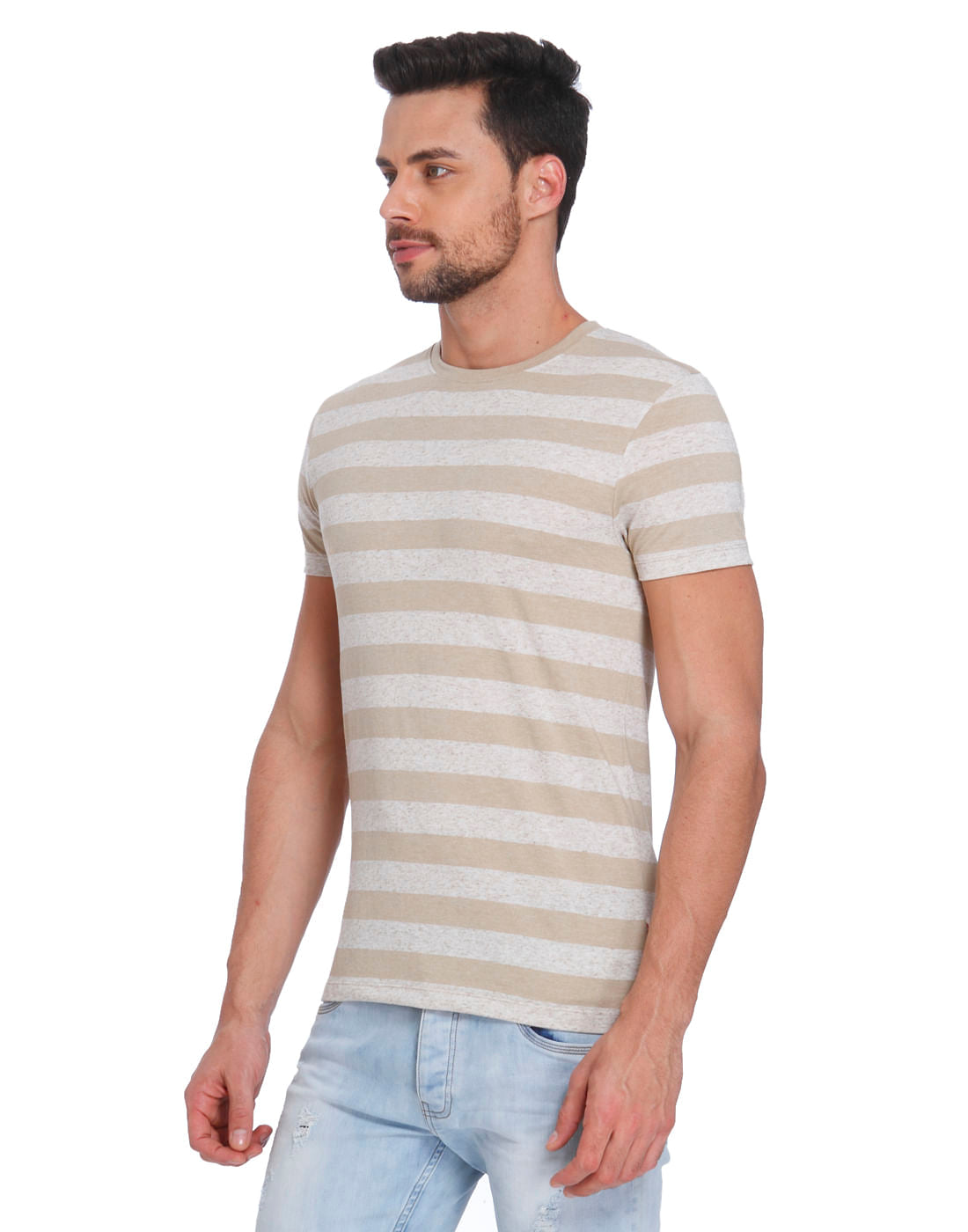Beige And Grey Striped Crew Neck T-Shirt