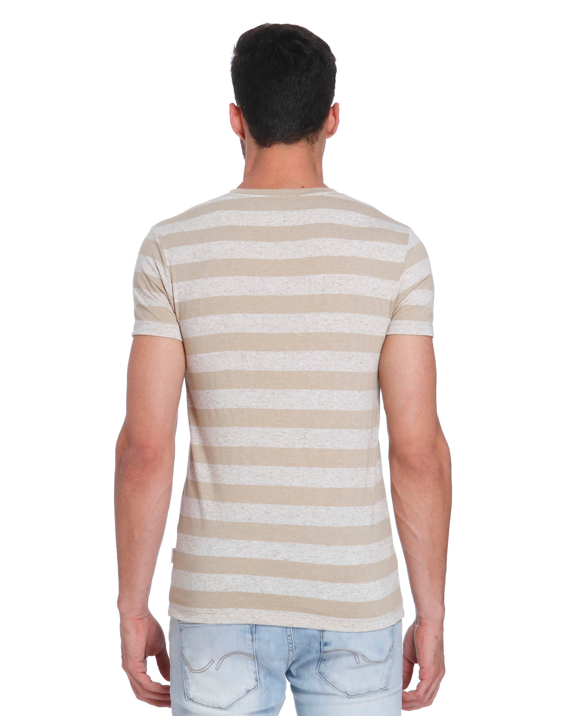 Beige And Grey Striped Crew Neck T-Shirt