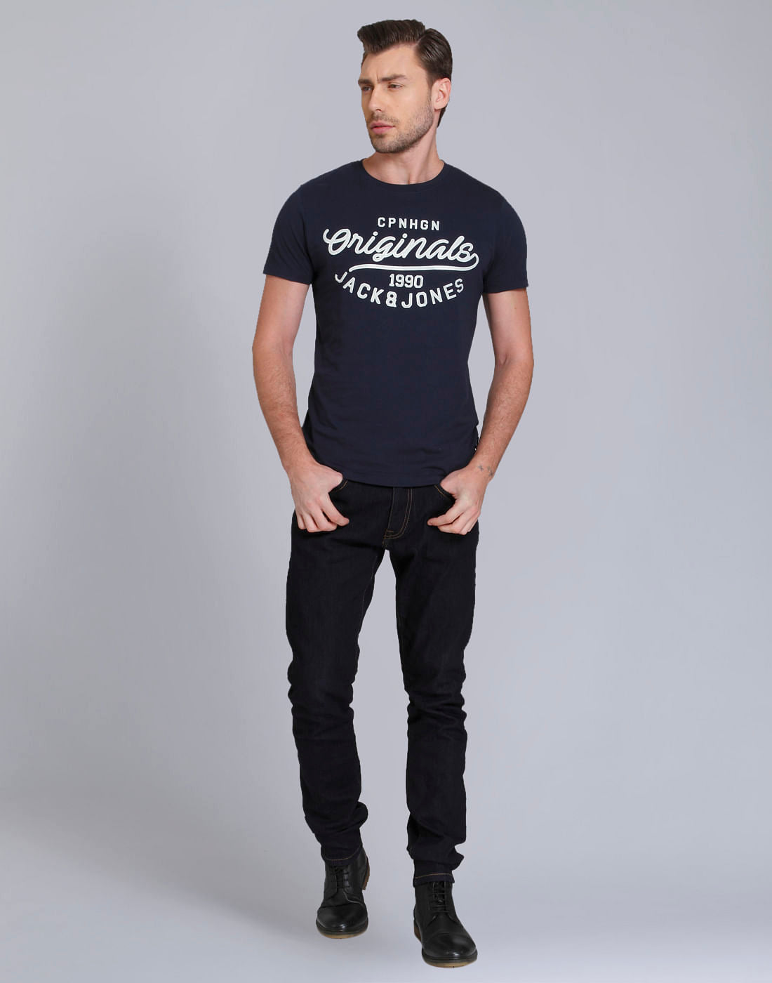Dark Blue Text Print Crew Neck T-Shirt