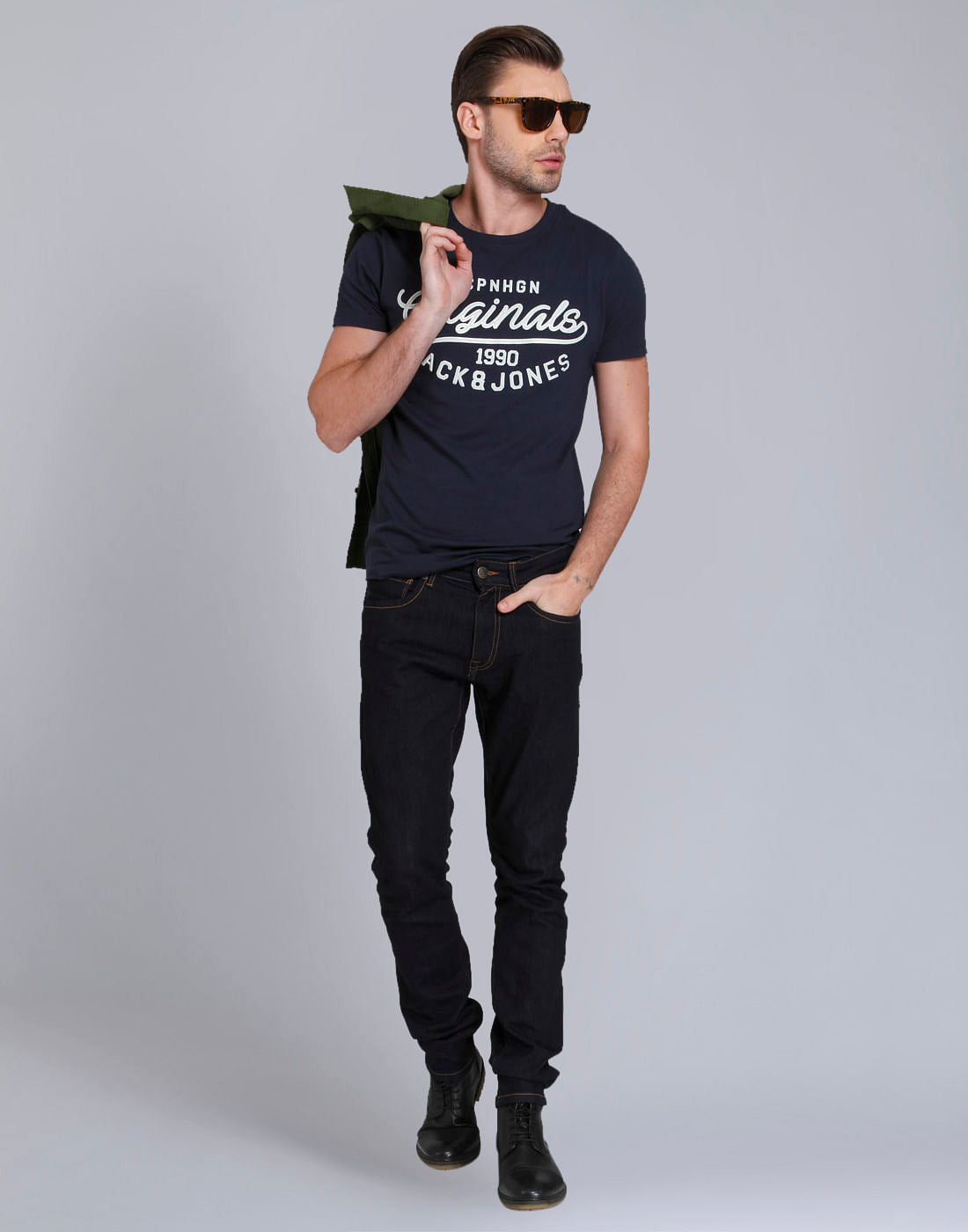Dark Blue Text Print Crew Neck T-Shirt
