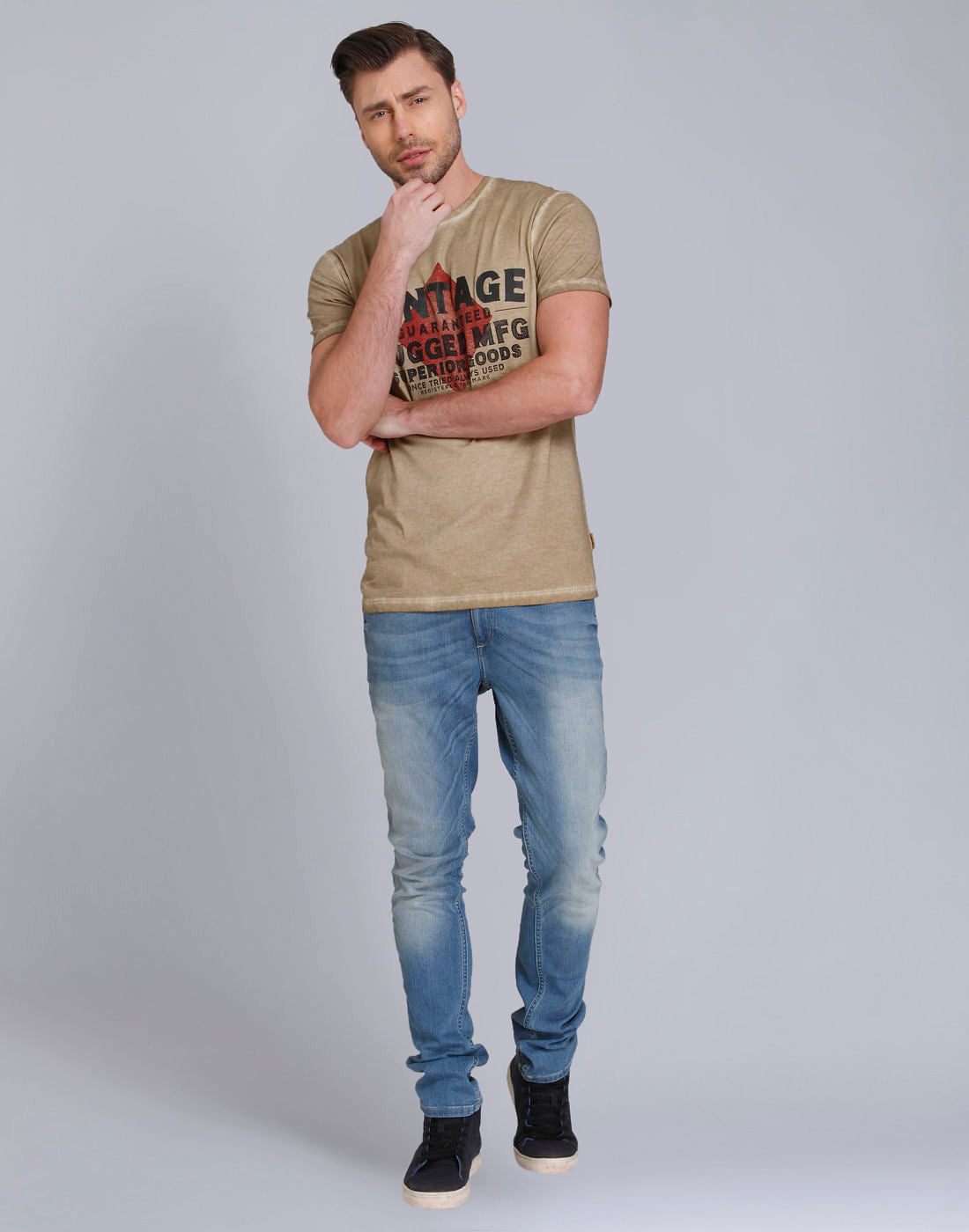 Beige Text Print Crew Neck T-Shirt