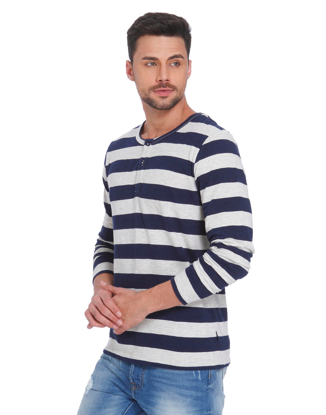 Dark Blue Striped Crew Neck T-Shirt