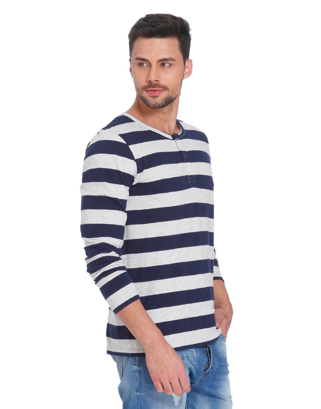 Dark Blue Striped Crew Neck T-Shirt