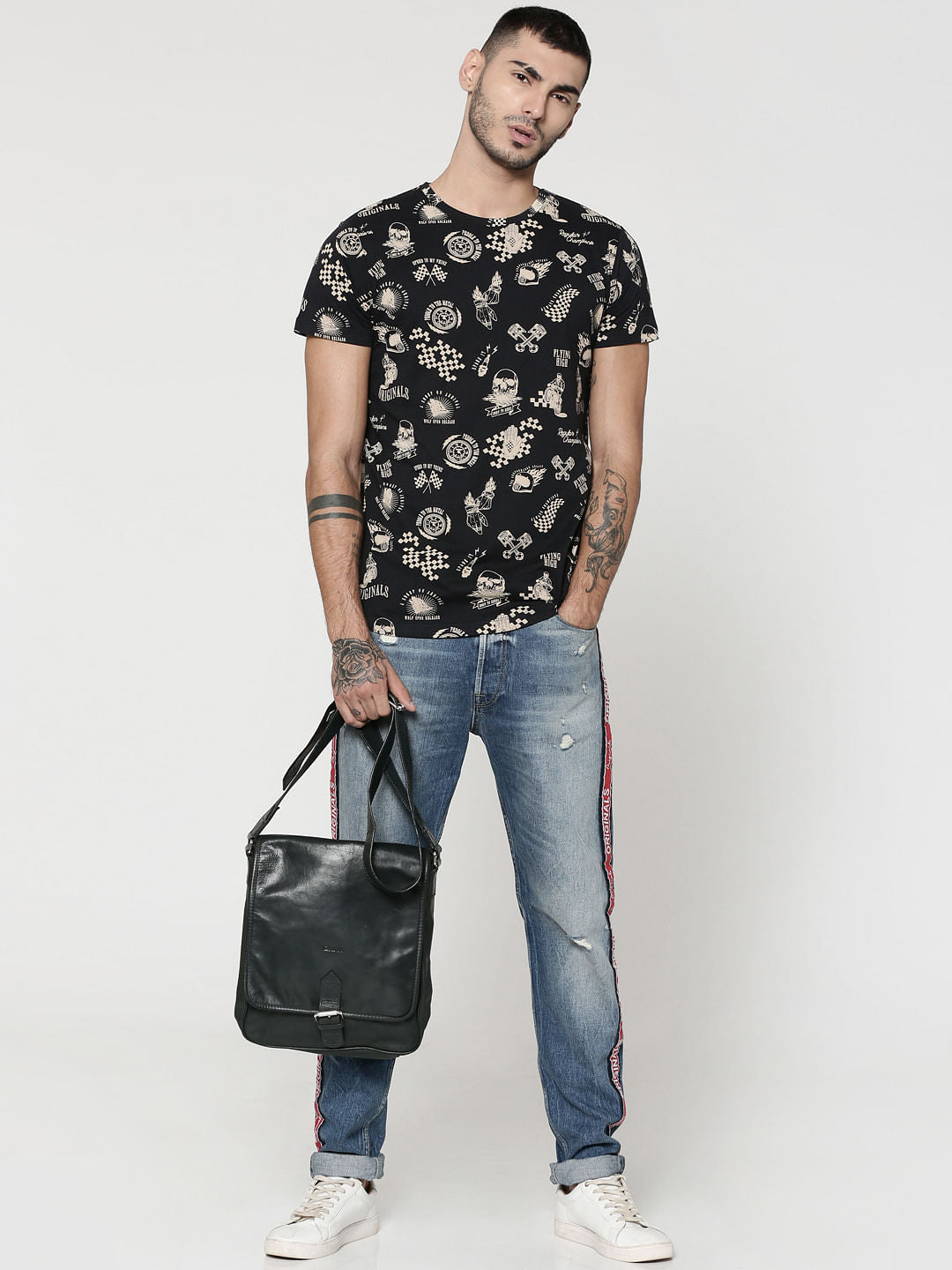 Black Motorcycle & Text Print Crew Neck T-Shirt