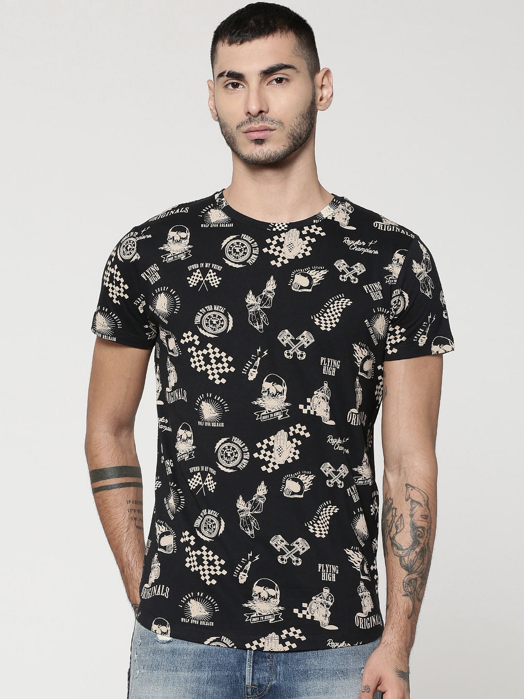 Black Motorcycle & Text Print Crew Neck T-Shirt