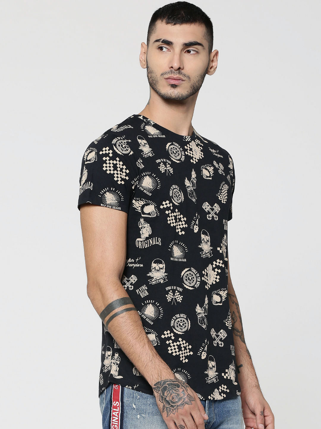 Black Motorcycle & Text Print Crew Neck T-Shirt