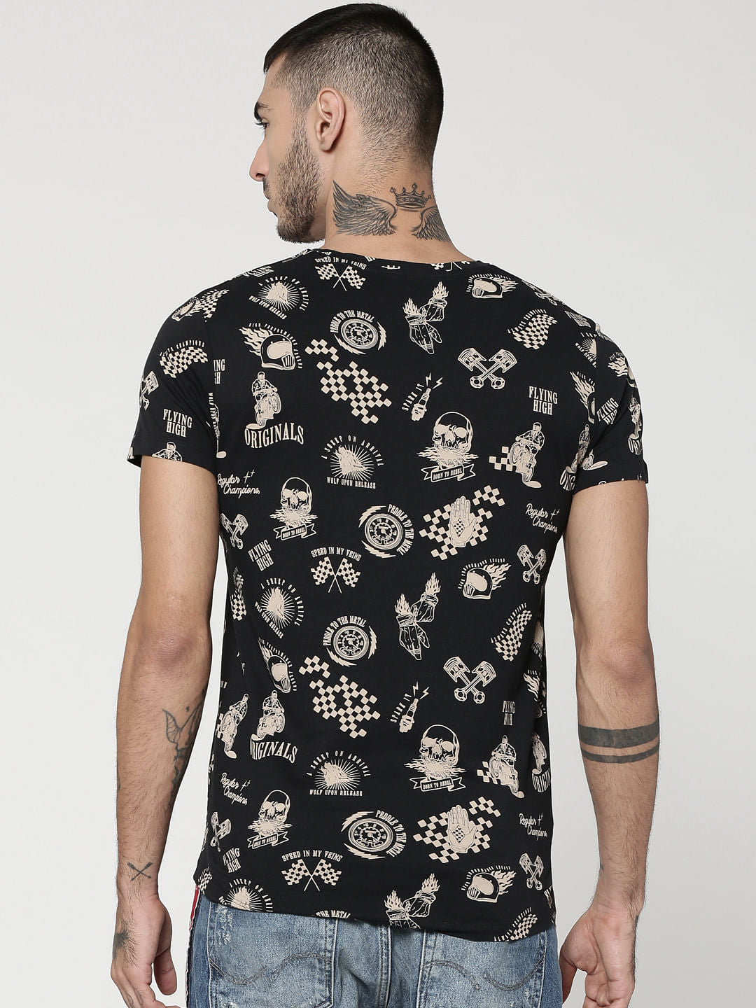 Black Motorcycle & Text Print Crew Neck T-Shirt