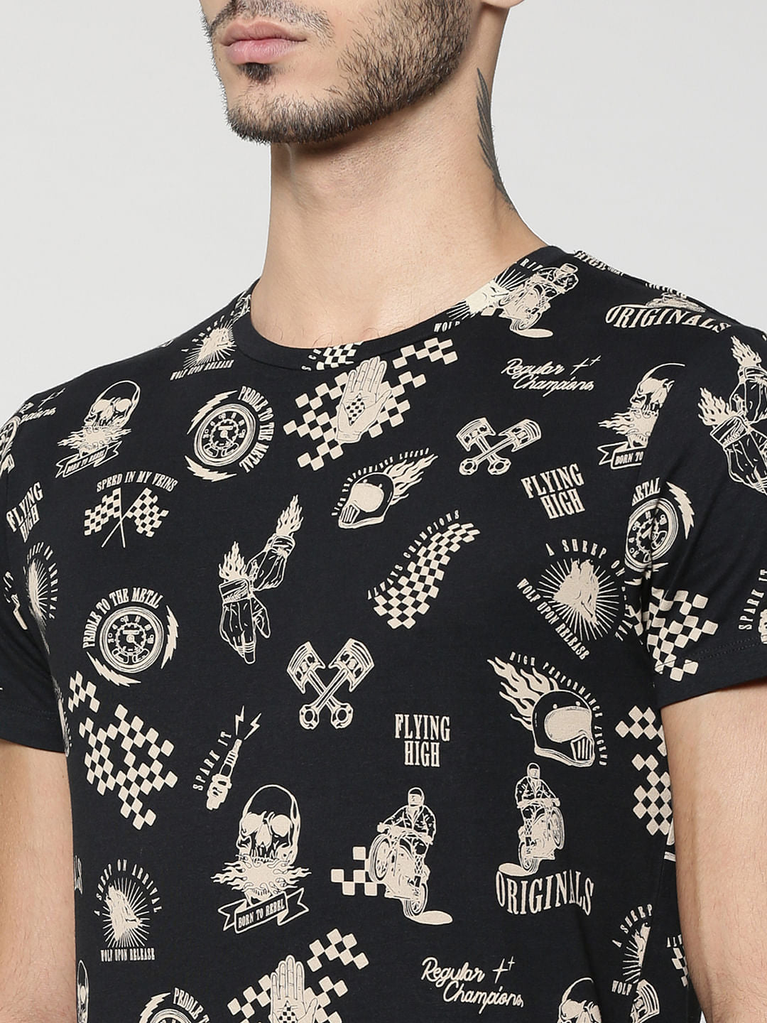 Black Motorcycle & Text Print Crew Neck T-Shirt