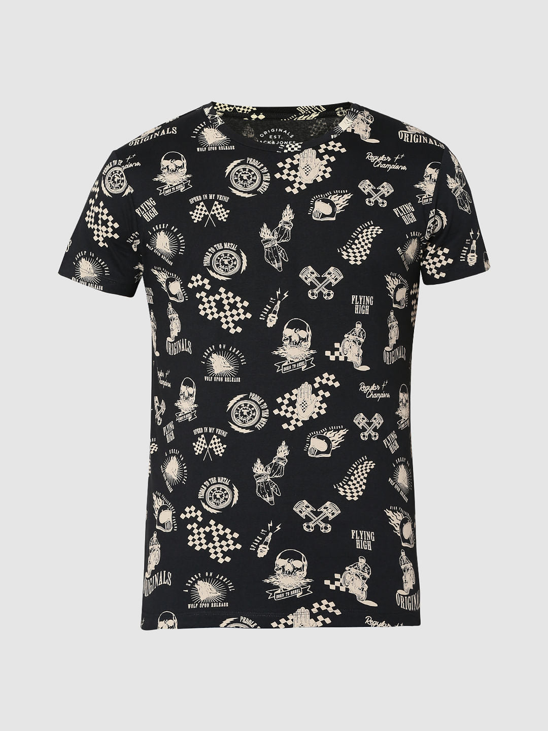 Black Motorcycle & Text Print Crew Neck T-Shirt