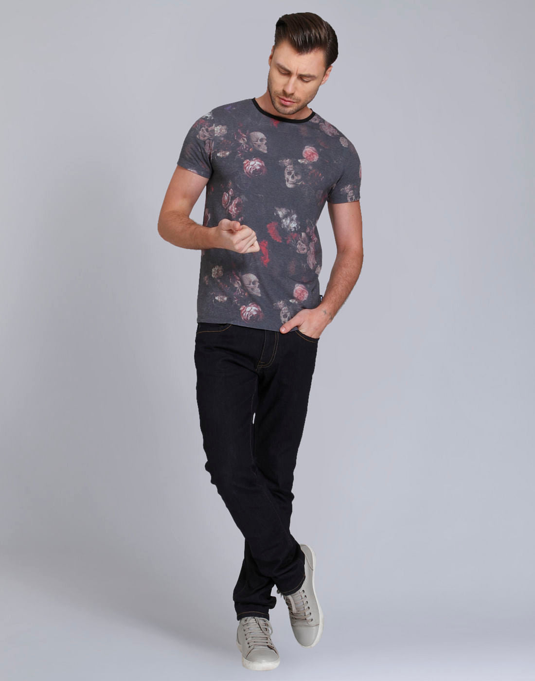 Grey Skull Print Crew Neck T-Shirt