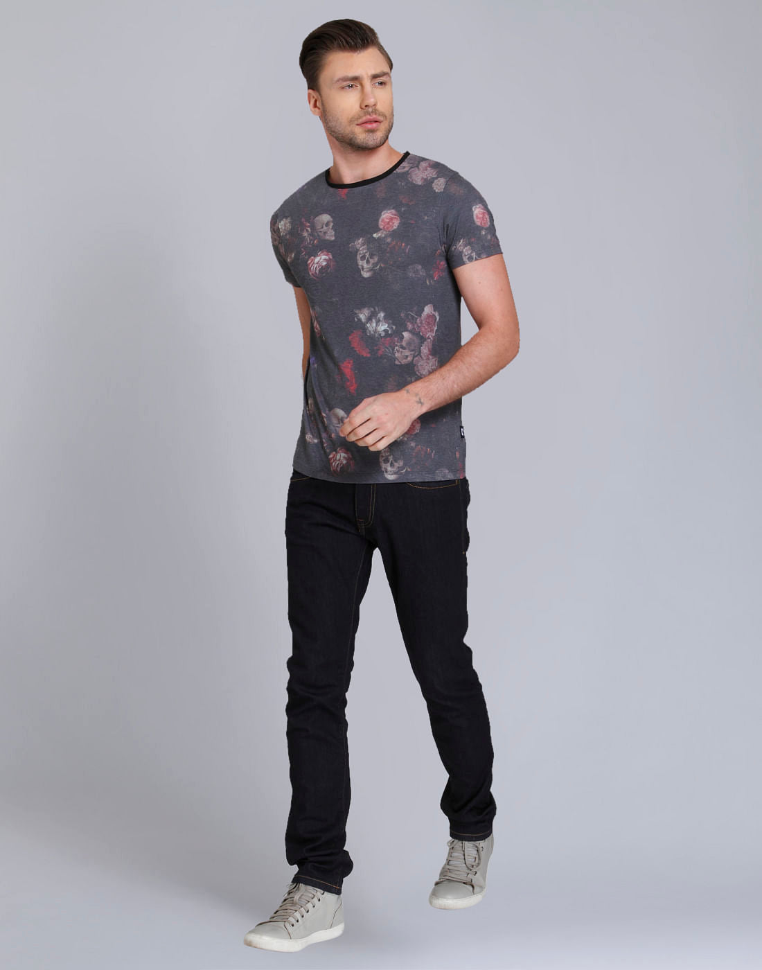 Grey Skull Print Crew Neck T-Shirt