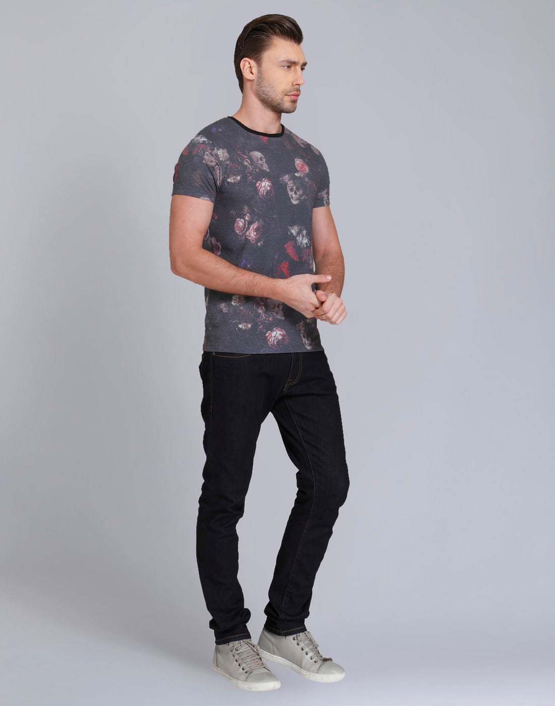 Grey Skull Print Crew Neck T-Shirt