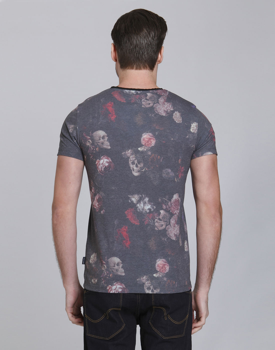 Grey Skull Print Crew Neck T-Shirt