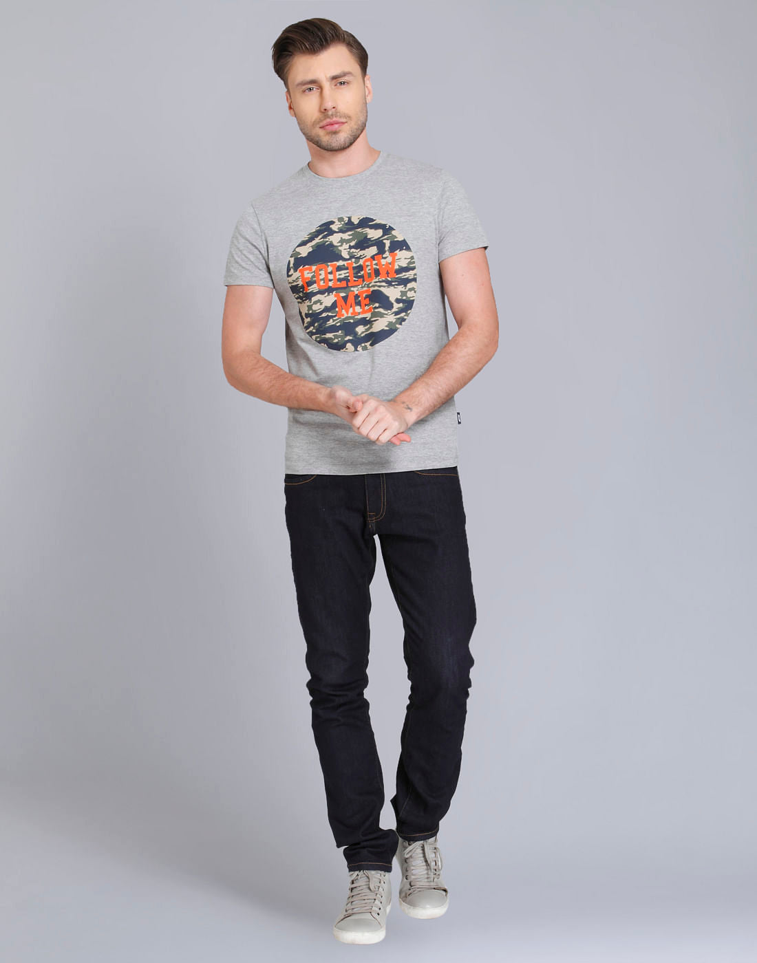 Light Grey And Camo Print Crew Neck T-Shirt