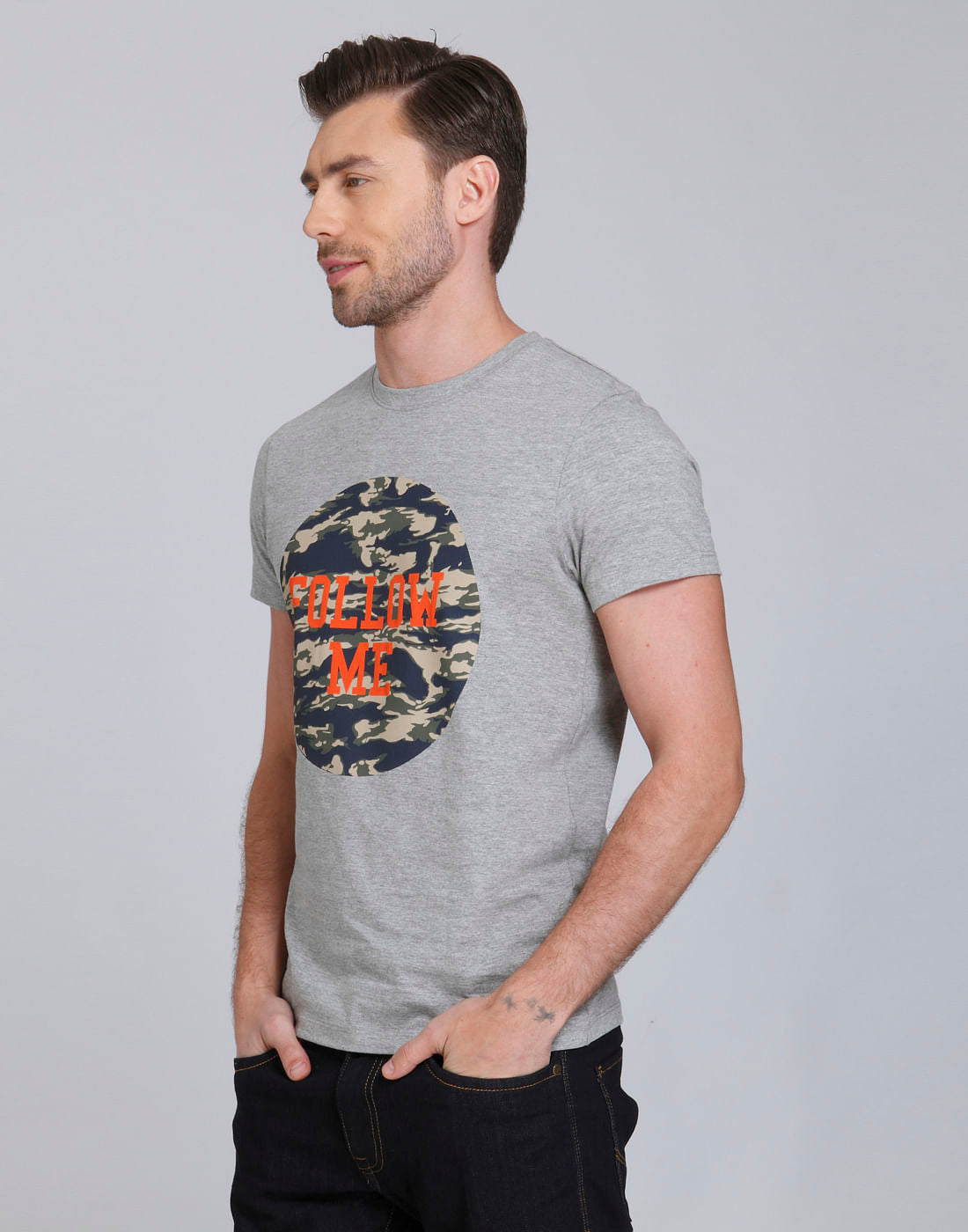 Light Grey And Camo Print Crew Neck T-Shirt