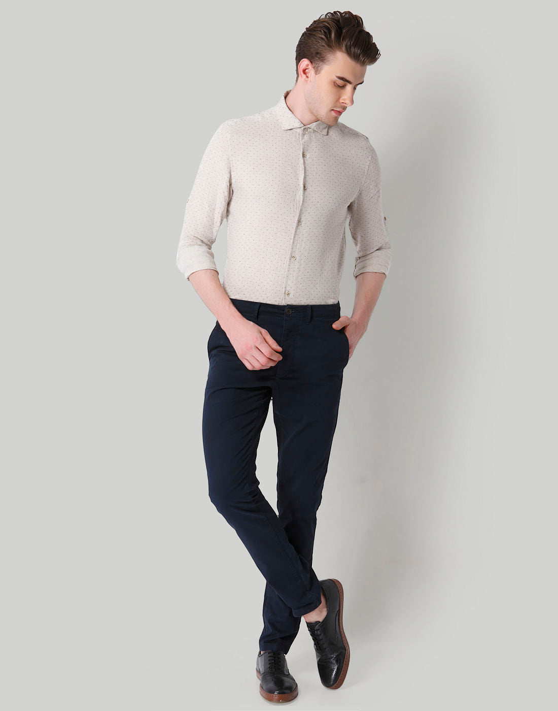 Beige Self Print Slim Fit Shirt