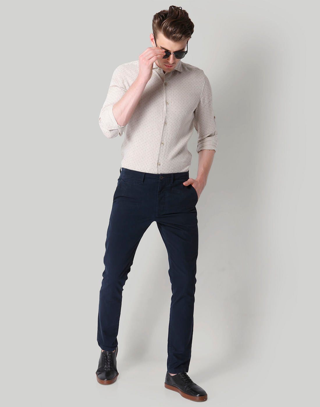 Beige Self Print Slim Fit Shirt