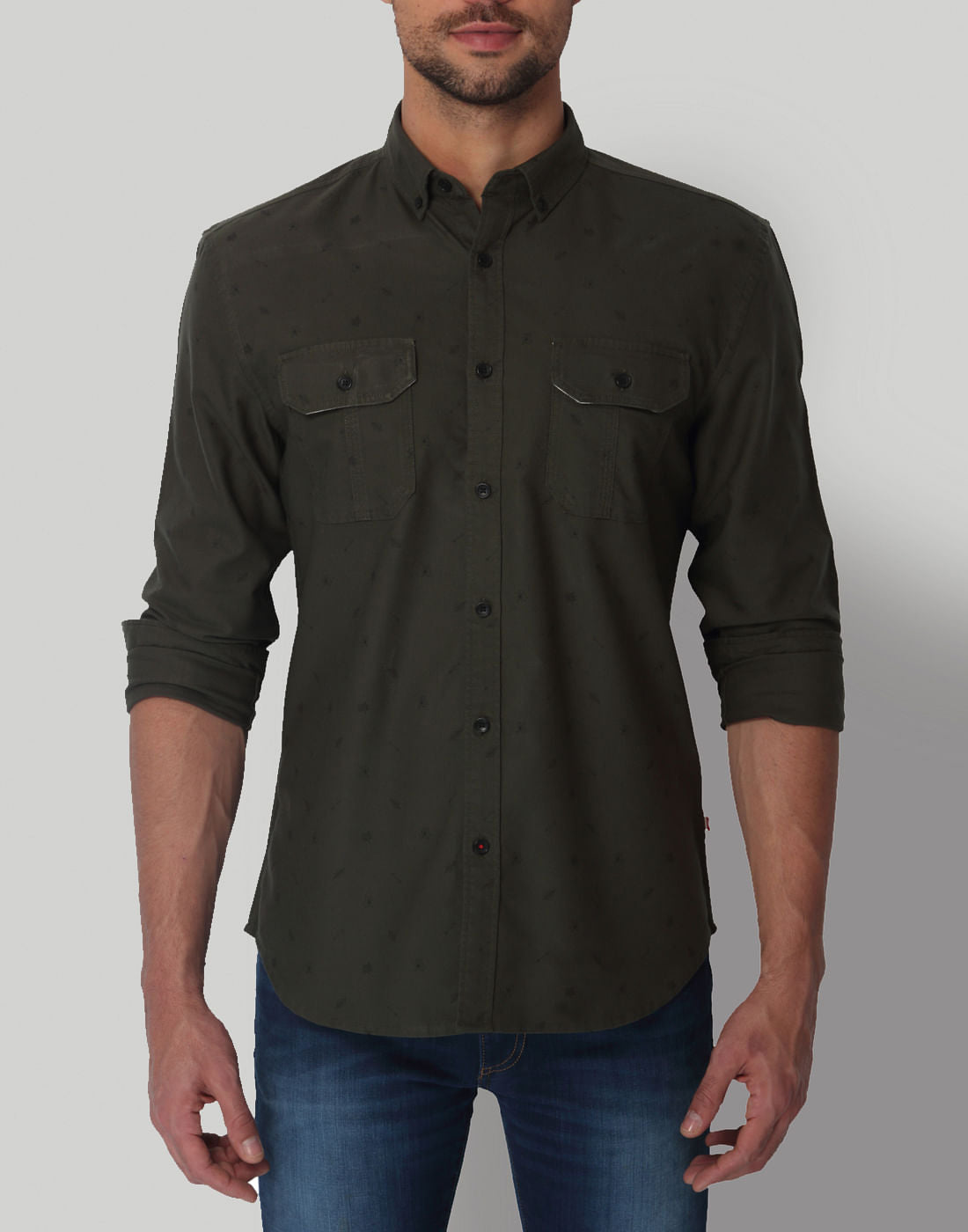 Green Leaf Print Regular Fit Shirt
