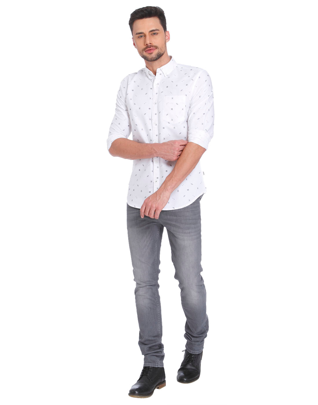 White Leaf Print Regular Fit Shirt